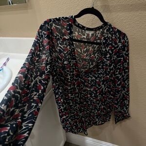Joie Navy Floral V-Neck Blouse with Red and Cream Accents